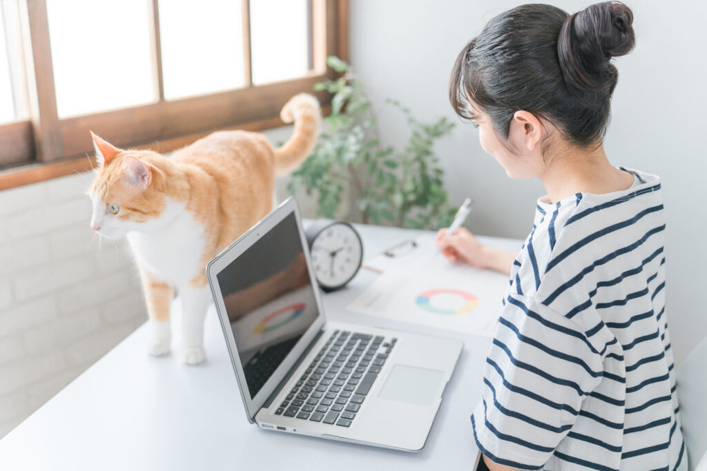 家で猫・ペットと一緒に仕事する女性